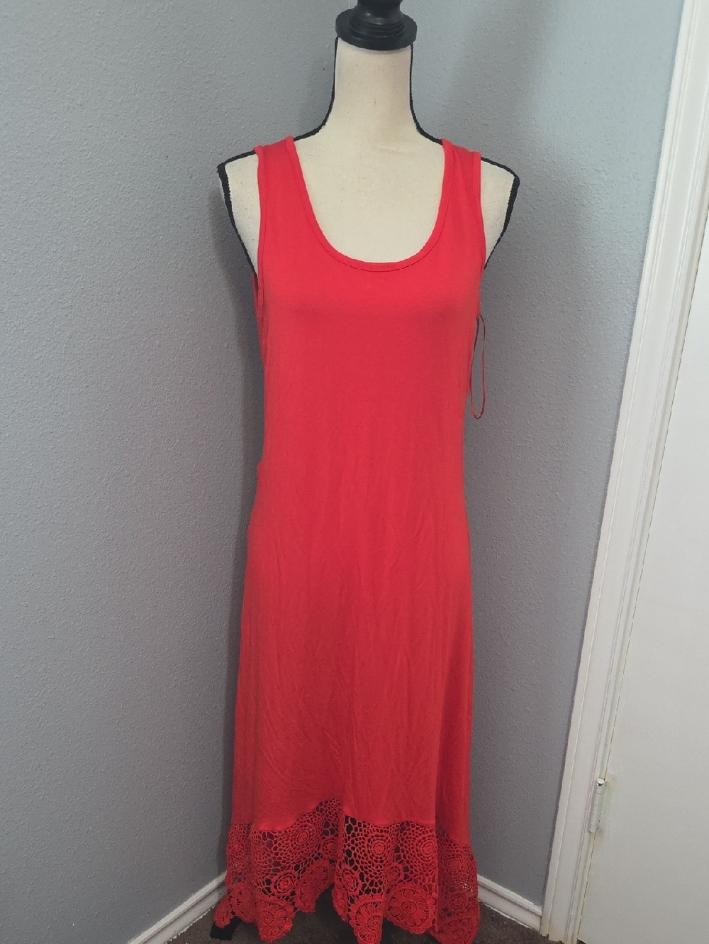 NQT Cupio Bright OrangeRed Crochet-Detail Midi Hi/Lo Dress Sz L